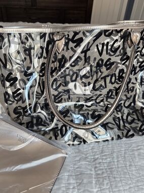 Victoria's Secret Clear Tote with Metallic Silver Trim and Black Script